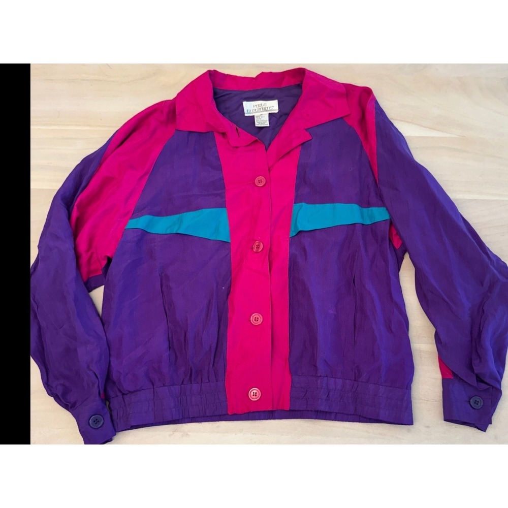 Vintage 80s 90s Petite Illustrations 100% Silk Color Block Blouse Purple Pink S